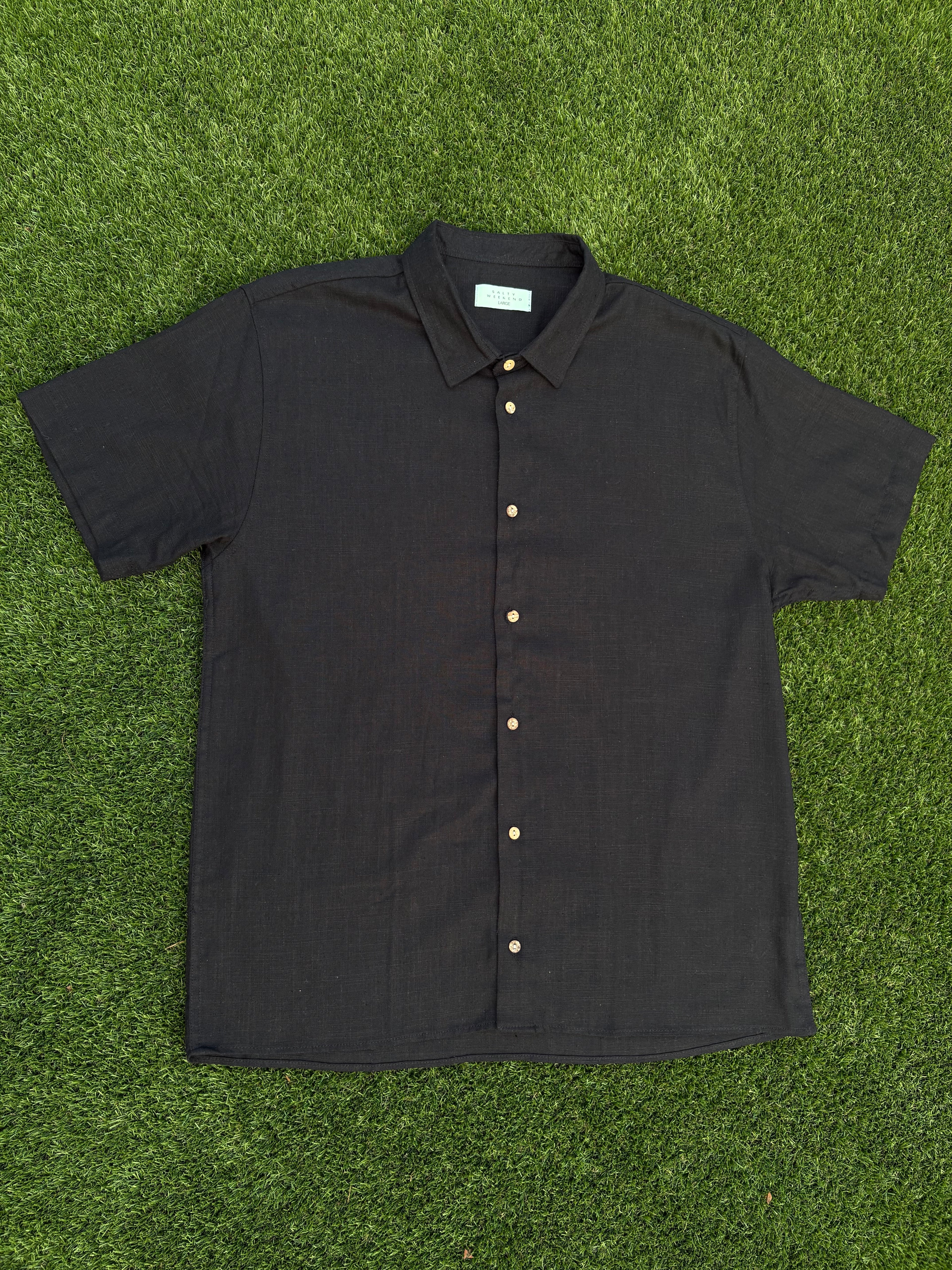 Men's Black Linen Short Sleeve Button Down Shirt