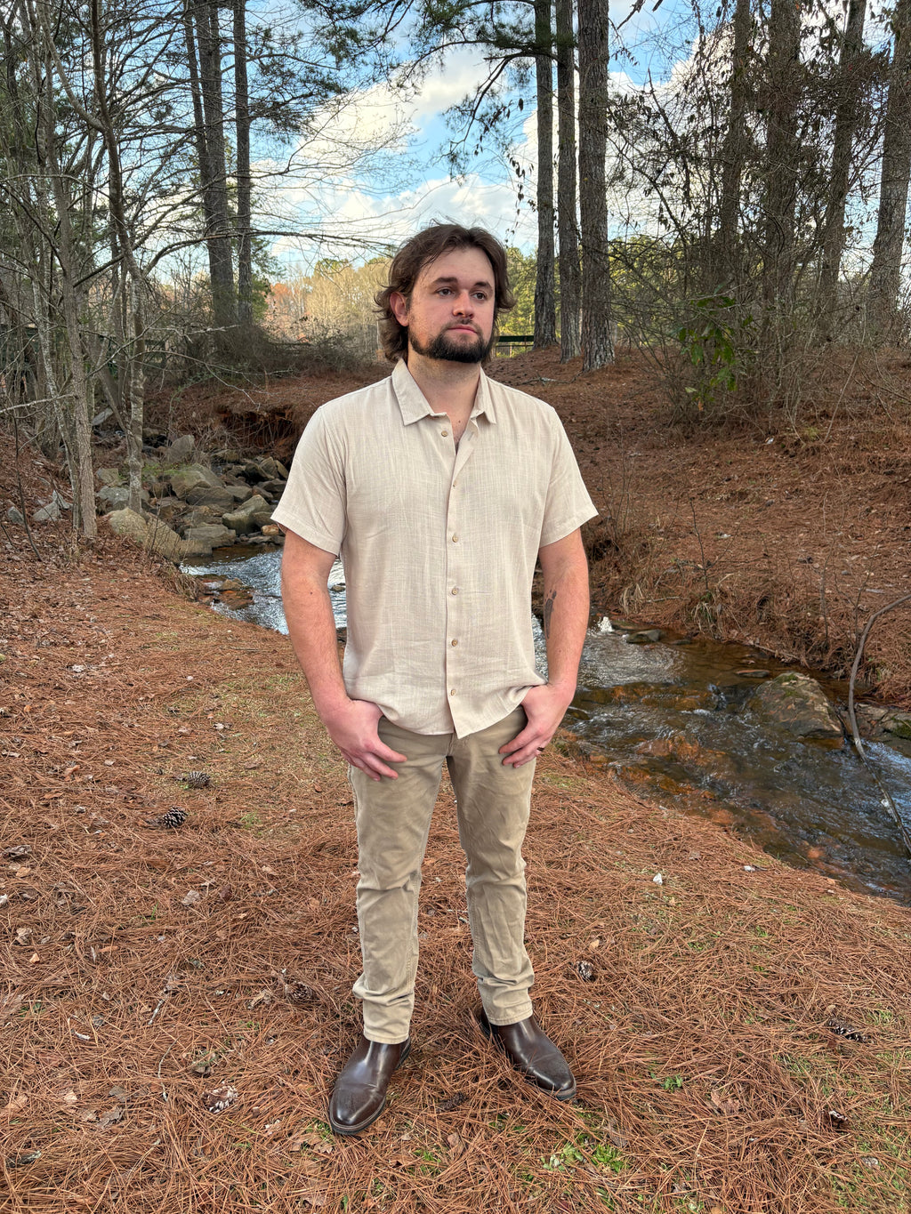 Men's Khaki Linen Short Sleeve Button Down Shirt