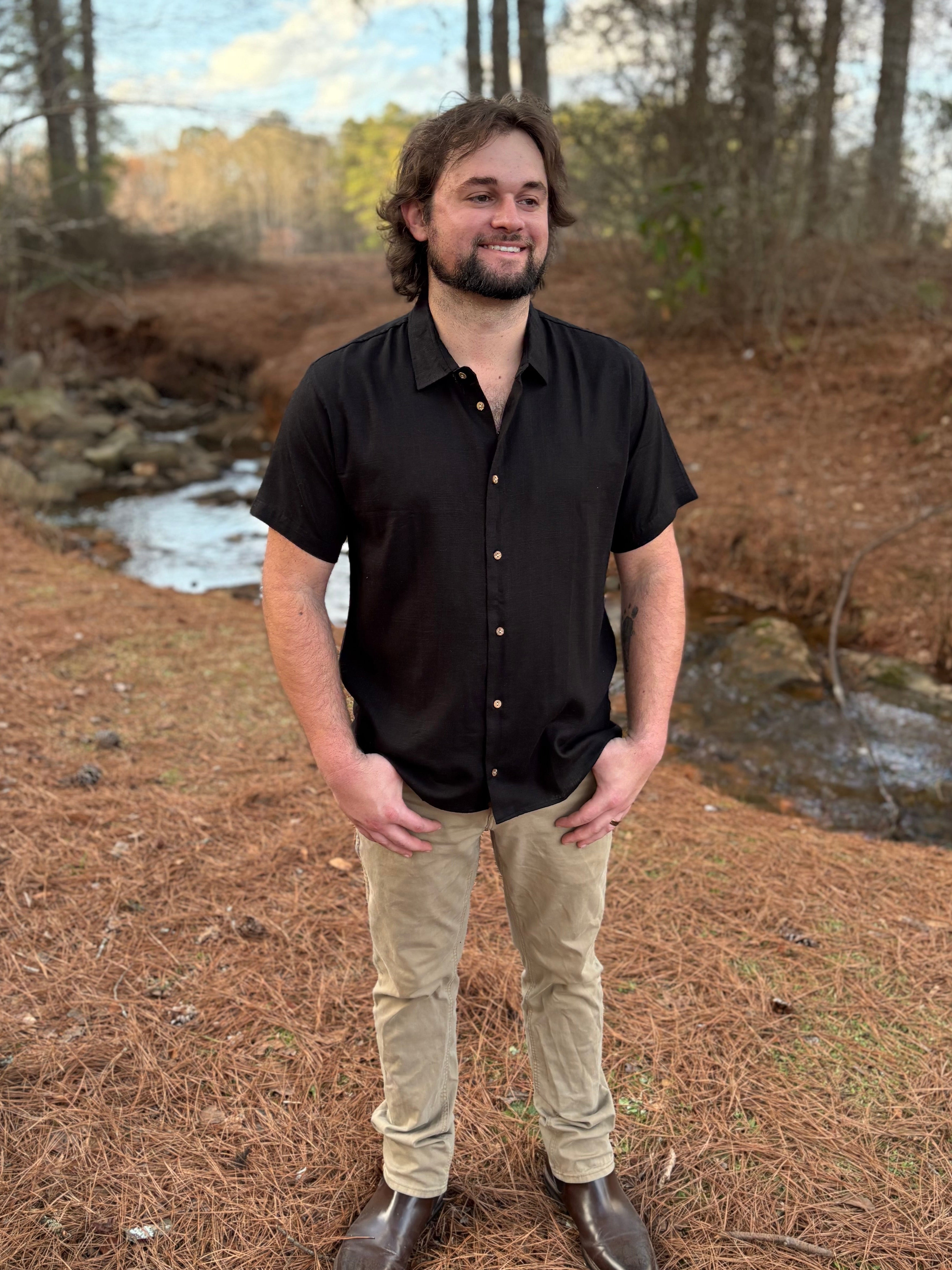 Men's Black Linen Short Sleeve Button Down Shirt