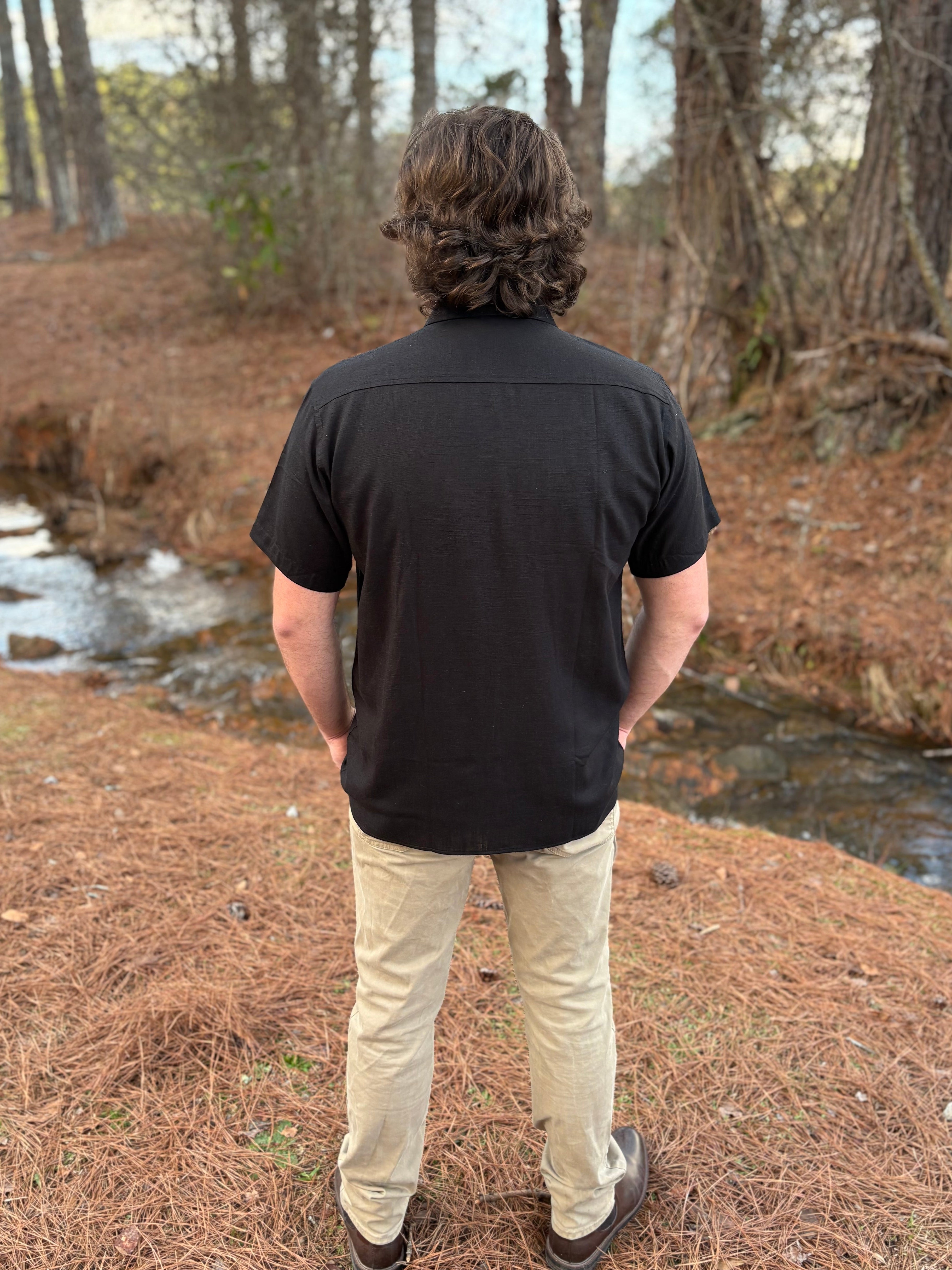 Men's Black Linen Short Sleeve Button Down Shirt